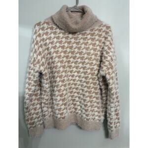 Fuzzy Houndstooth Turtleneck Sweater – Tan & Cream